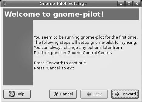 Диалог начала работы с пакетом  gnome-pilot