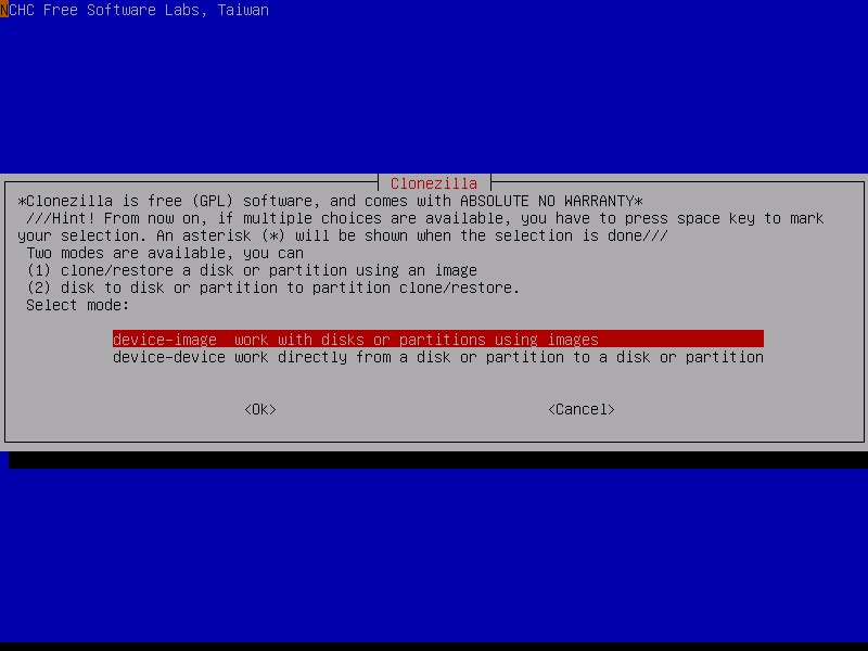 Режим работы Clonezilla