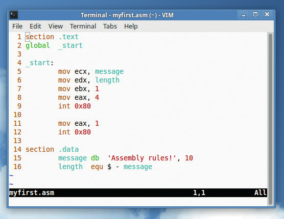 Некоторые текстовые редакторы, такие, как Vim, осуществляют подсветку синтаксиса языка ассемблера (попробуйте использовать команду set syn=nasm)