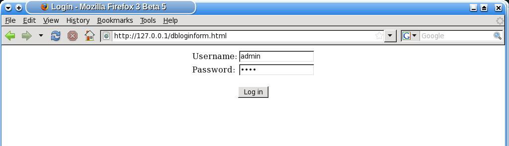 Предложение ввода пароля, выводимое при открытии файла dbloginform.html