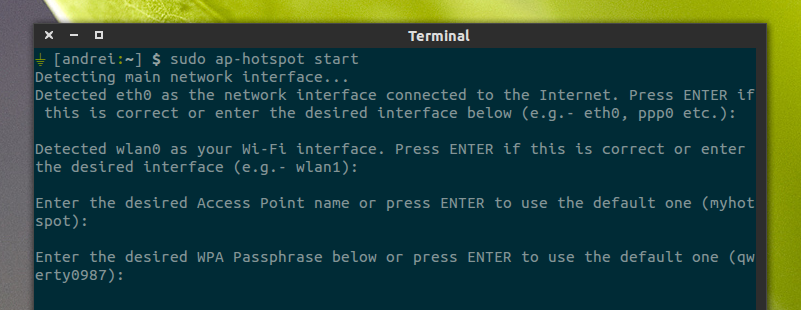 Hotspot в Ubuntu: ввод имени пользователя и пароля
