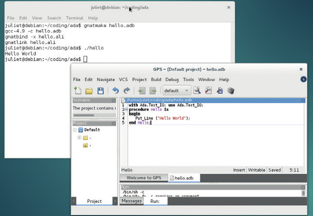 Код программы Hello World, редактируемый с помощью интегрированной среды разработки, а также сама программа, исполняющаяся в терминале
