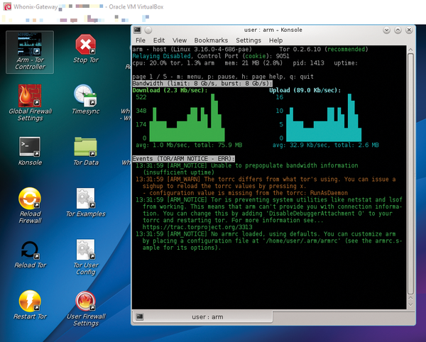 Благодаря наличию шлюза Whonix-Gateway вы можете осуществлять мониторинг использования сети Tor рабочей станцией Whonix-Workstation