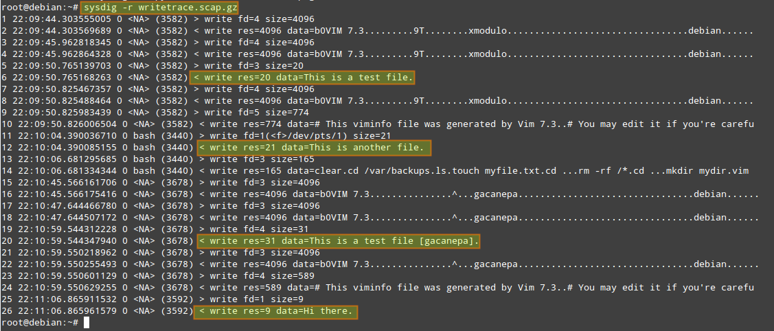 # sysdig -p "%user.name %proc.name %fd.name" "evt.type=write and fd.name contains /home/" -z -w writetrace.scap.gz
