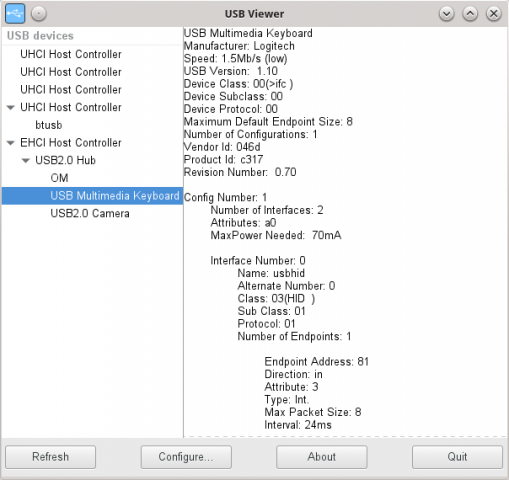 Утилита usbview выводит информацию обо всех устройствах с интерфейсом USB в формате древовидного списка