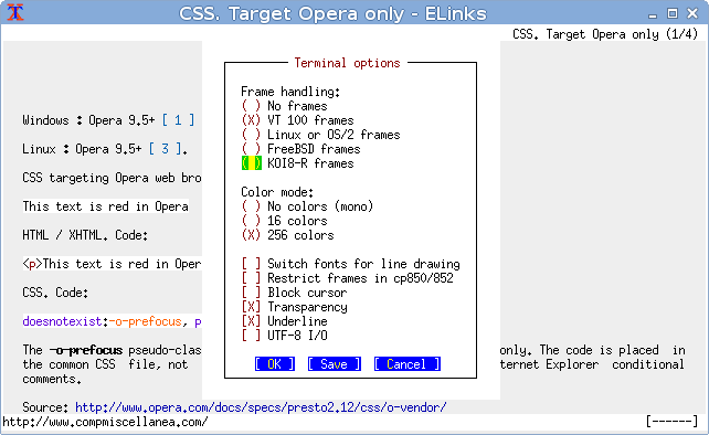 ELinks c открытым диалоговым окном меню Terminal options