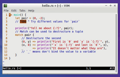 Многие текстовые редакторы могут подсвечивать синтаксические конструкции языка программирования Rust, причем Vim не является исключением (вам понадобятся файлы из репозитория по адресу https://github.com/rust-lang/rust.vim)