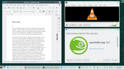 openSUSE 15.1 -- LibreOffice Writer, VLC и информация о системе