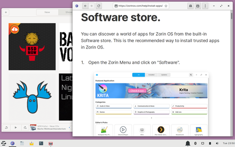 Zorin Lite с темой Adwaita и двумя приложениями GNOME (Podcasts и Web)