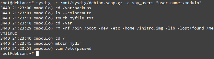 # sysdig -r /mnt/sysdig/debian.scap.gz -c spy_users "user.name=xmodulo"