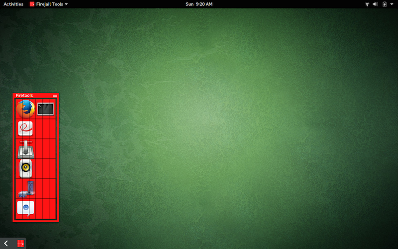 Окно Firetools и значок в открытом системном трее GNOME 3